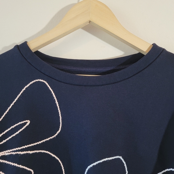 Parker Oamara Navy Blue Crewneck Floral Topstitch Cotton Blouse XL Artsy Boho - Picture 5 of 12